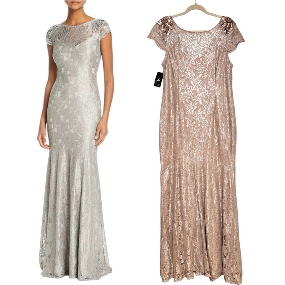 Adrianna Papell Metallic Lace Maxi Dress in Silver and Blush